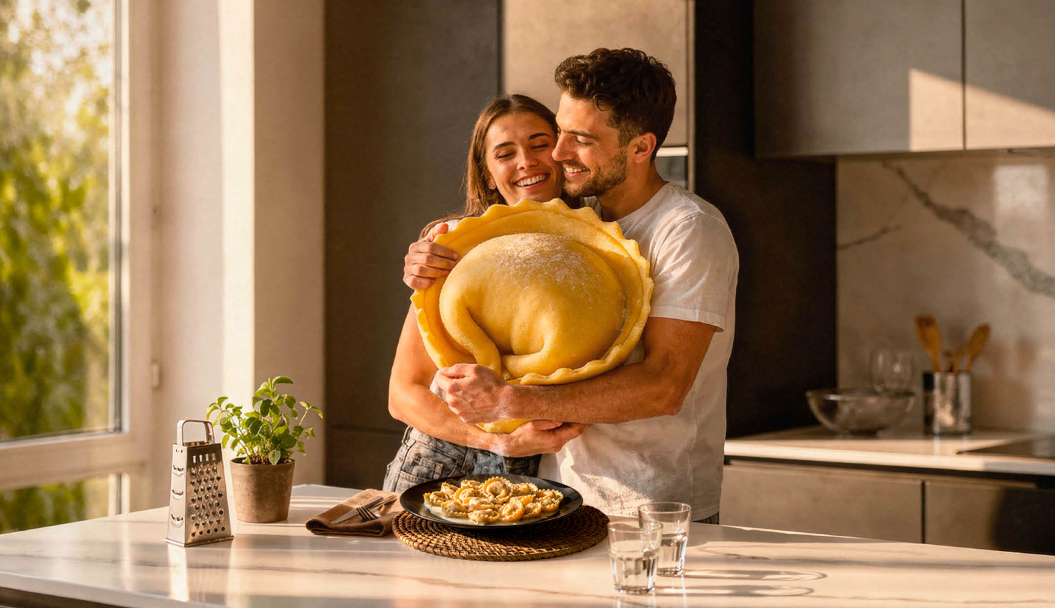 Giovane coppia che abbraccia un tortellino gigante