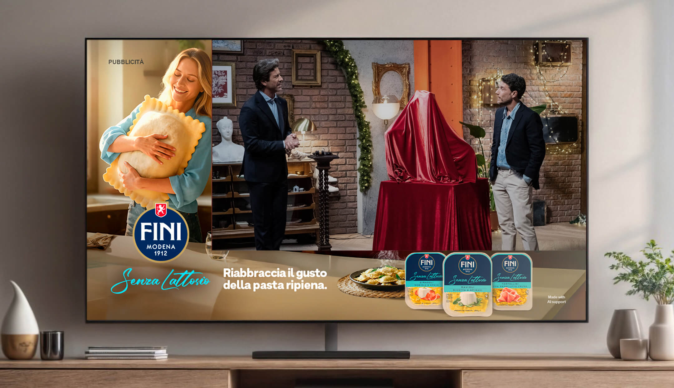 Tv con visualizzata campagna di Fini Modena sui prodotti senza lattosio all'interno di un programma televisivo