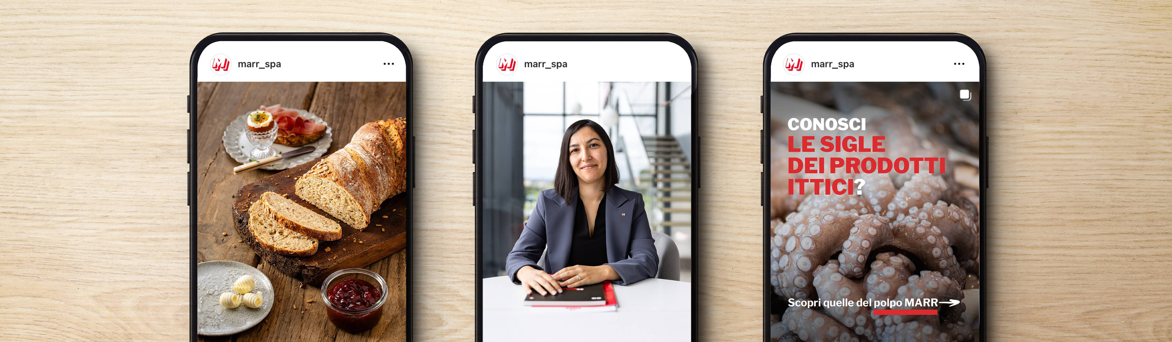 3 smartphone con visibili 3 post instagram di MARR
