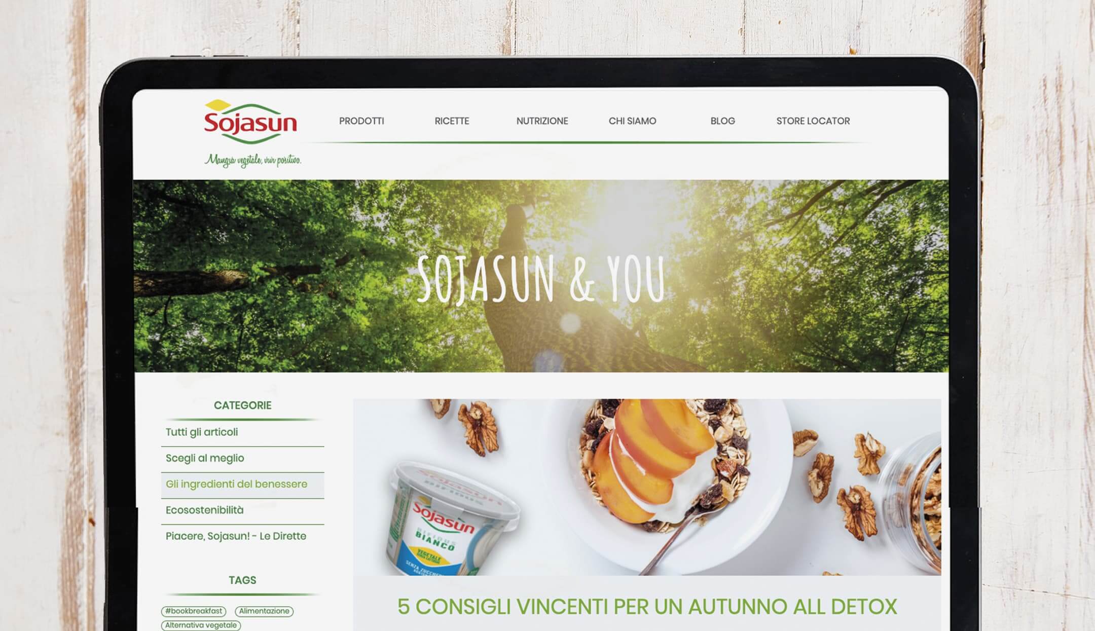 Schermata del blog del sito Sojasun su tablet